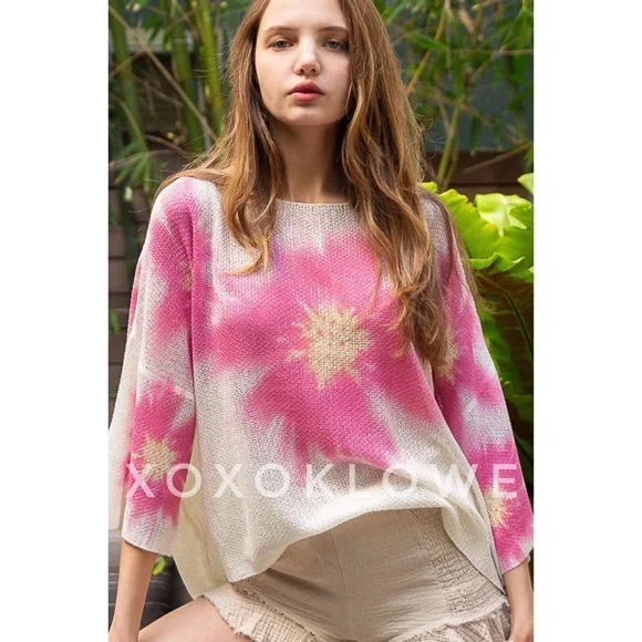 POL Pink Floral Print Wide Neck Sweater Lightweight Oversized - Picture 3 of 14